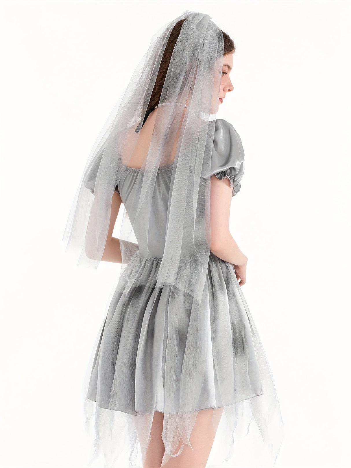 Womens Gothic Corpse Bride Halloween Costume Dress  Puff Sleeve Mini Outfit - Product example