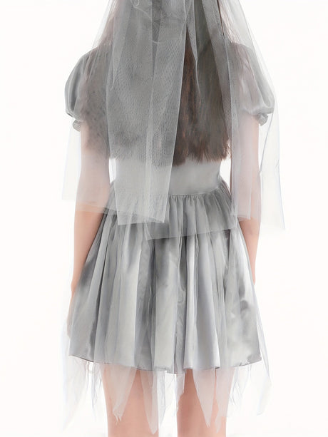 Womens Gothic Corpse Bride Halloween Costume Dress  Puff Sleeve Mini Outfit - Product detail 5