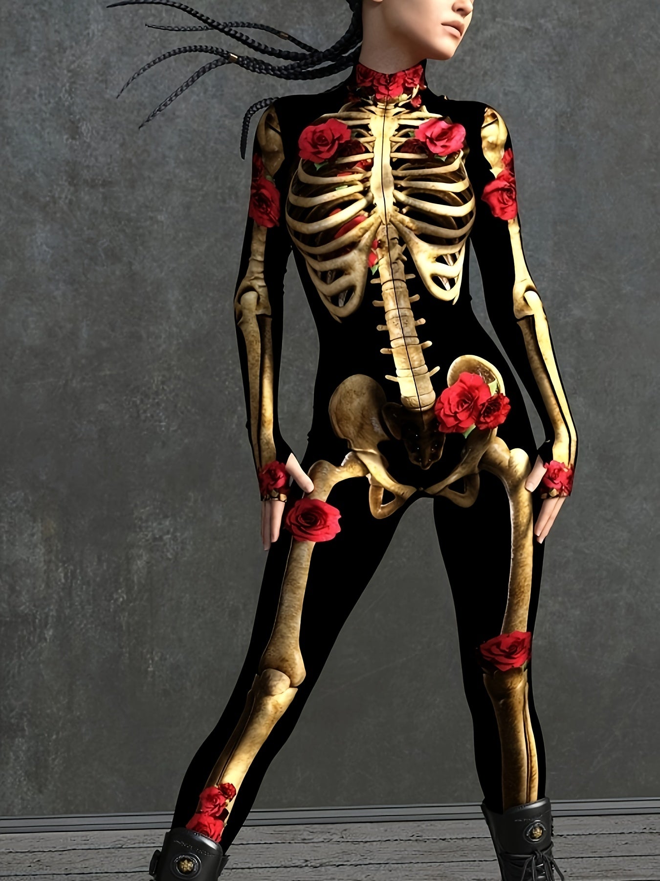 Womens Skeleton Halloween Costume  Long Sleeve Stretchy Print Jumpsuit - Product showcase