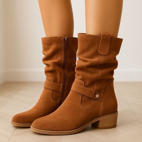 Suede Ankle Boots  Slouchy Design With Block Heel - Detailed view