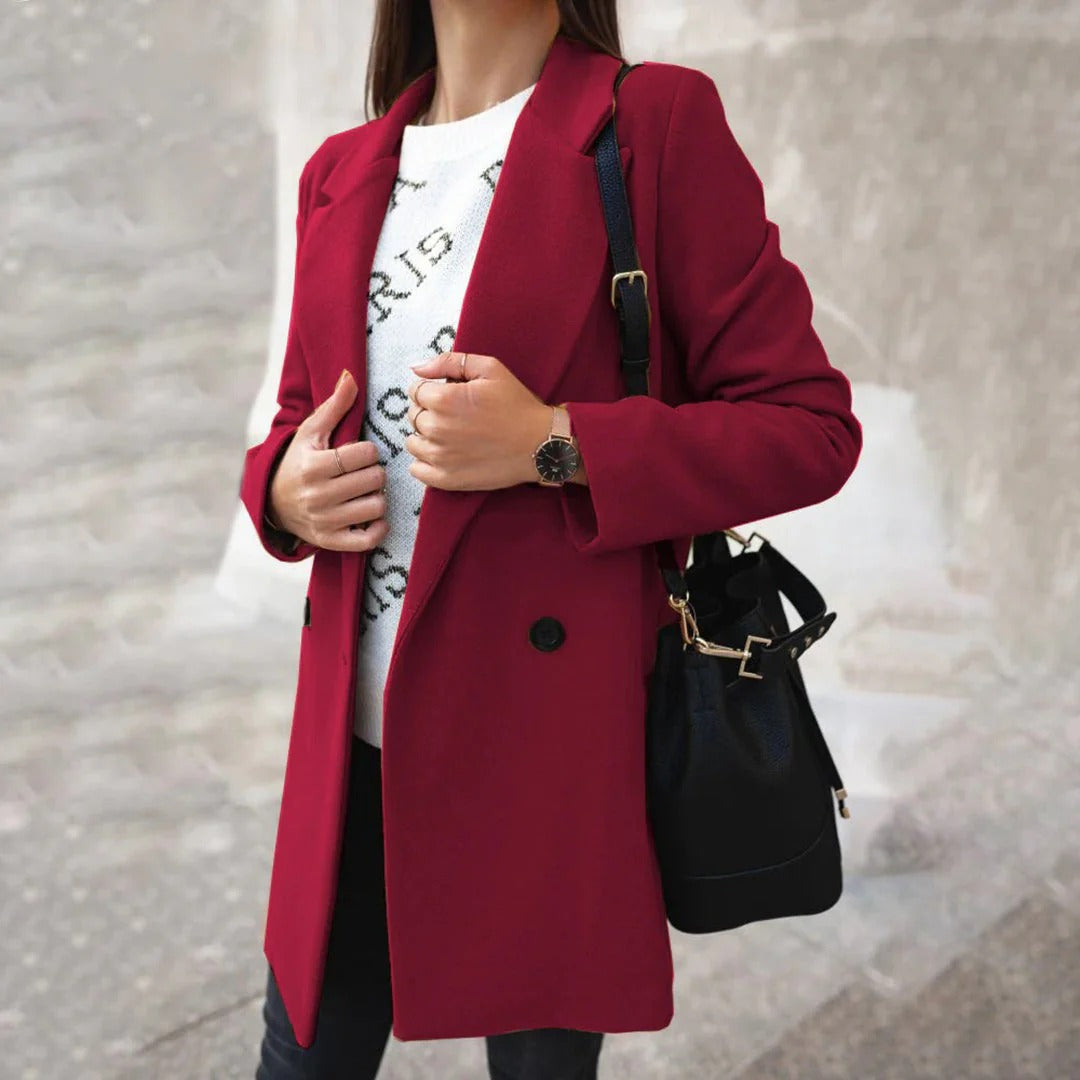 Double-Breasted Wool Coat  Classic Burgundy Mid-Length Design - Product showcase