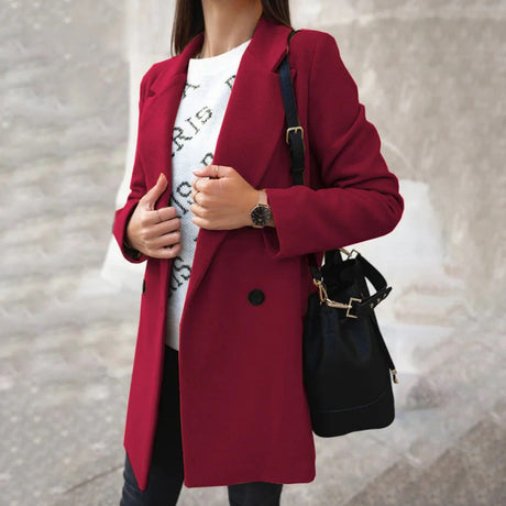 Double-Breasted Wool Coat  Classic Burgundy Mid-Length Design - Product showcase