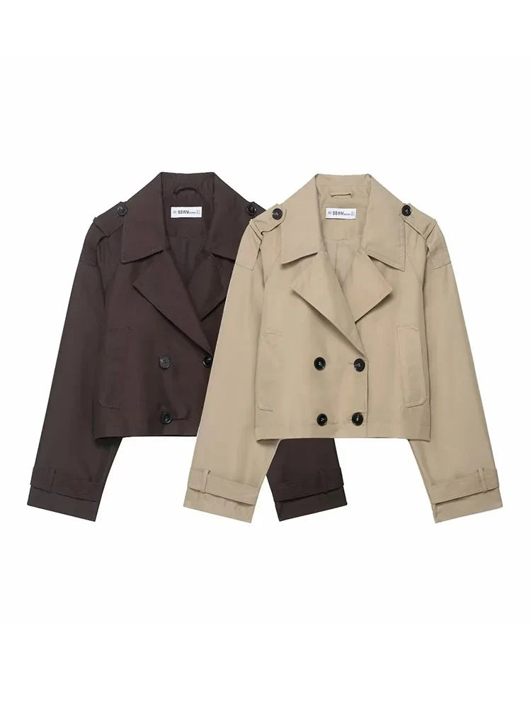 Womens Cropped Trench Coat  Double Breasted Classic Design - Product showcase