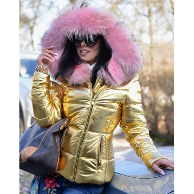 Winter Puffer Jacket  Metallic Gold With Pink Fur Trim - Product showcase