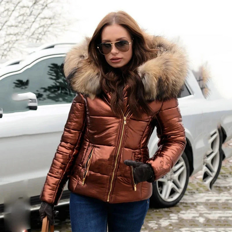 Winter Puffer Jacket  Metallic Gold With Pink Fur Trim - Product example