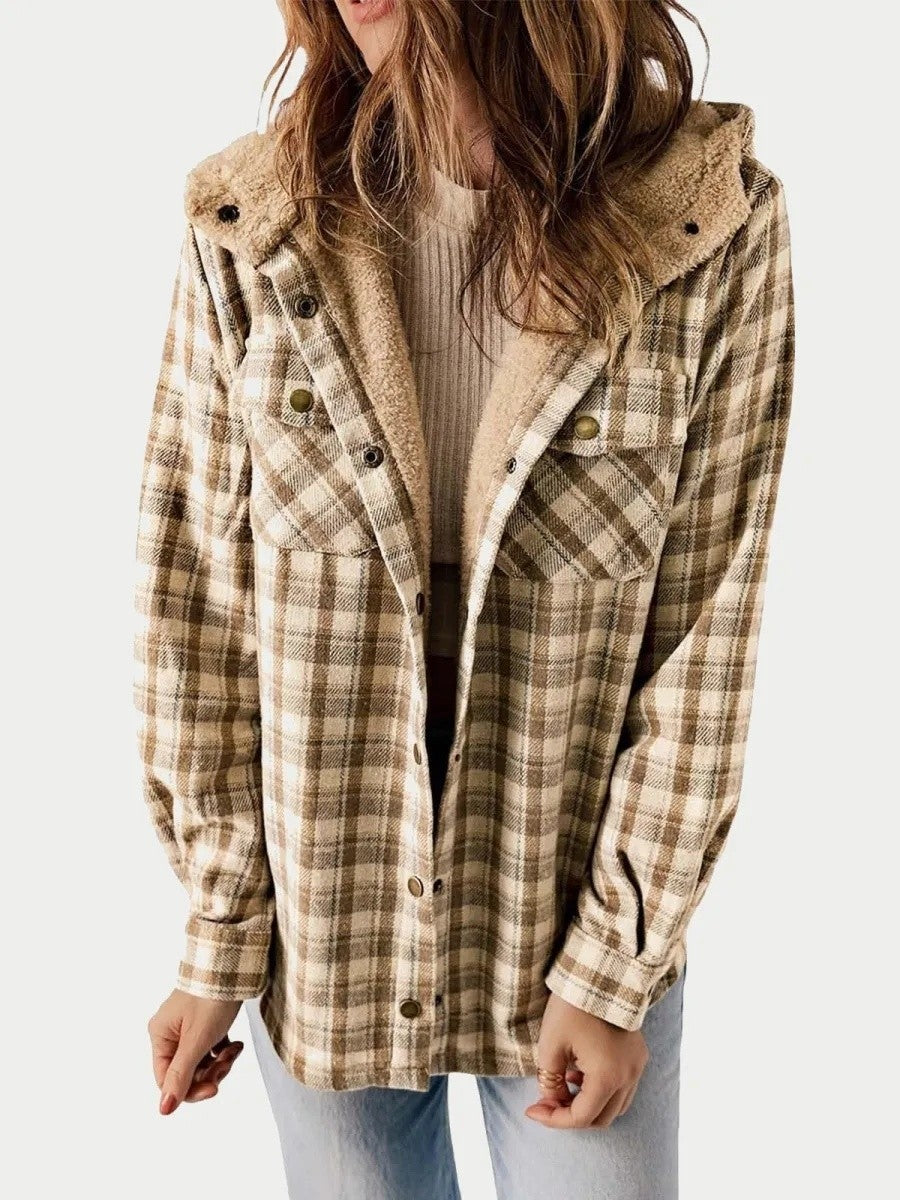 Plaid Fleece Shacket  Hooded Button-Front Design - Product showcase