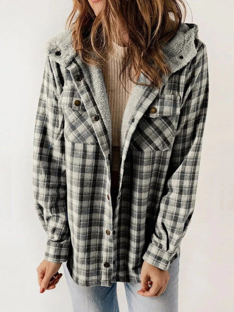 Plaid Fleece Shacket  Hooded Button-Front Design - Detailed view