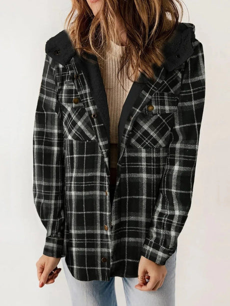 Plaid Fleece Shacket  Hooded Button-Front Design - Product example