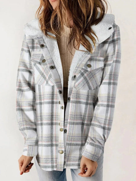 Plaid Fleece Shacket  Hooded Button-Front Design - Product detail 5