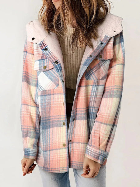 Plaid Fleece Shacket  Hooded Button-Front Design - Product detail 7