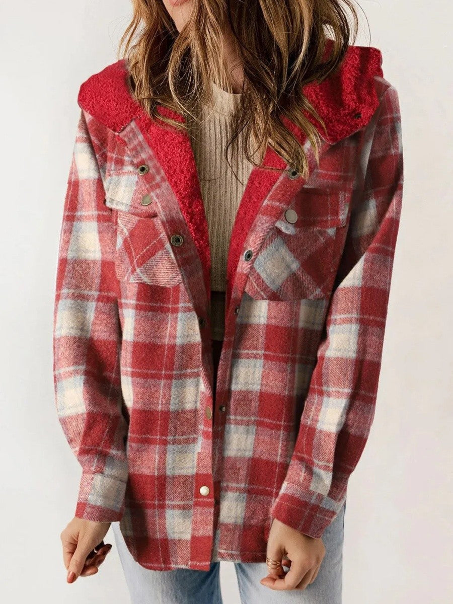 Plaid Fleece Shacket  Hooded Button-Front Design - Product detail 8