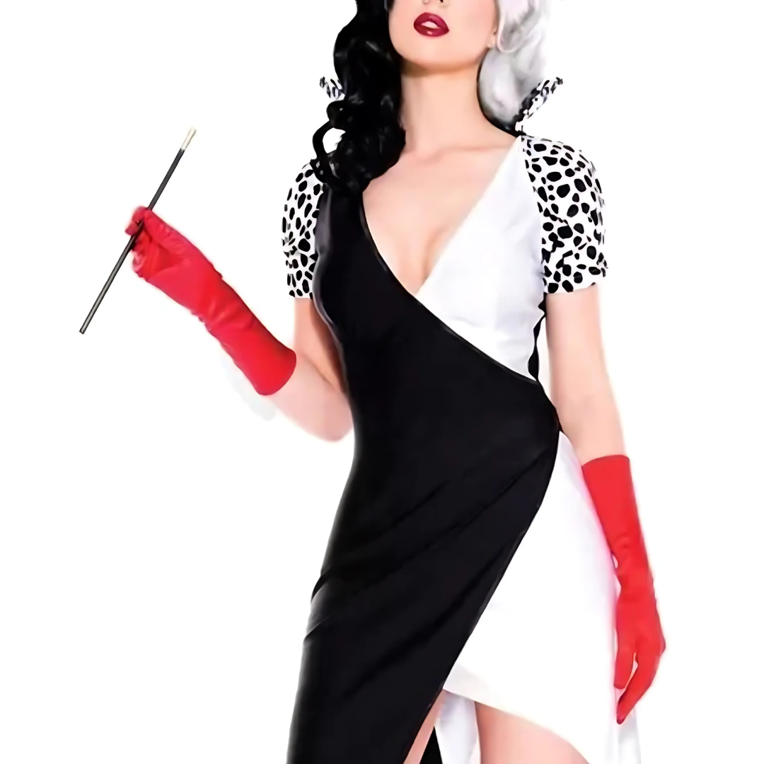Villain Costume Dress  Black White Split Design With Dalmatian Print - Detailed view