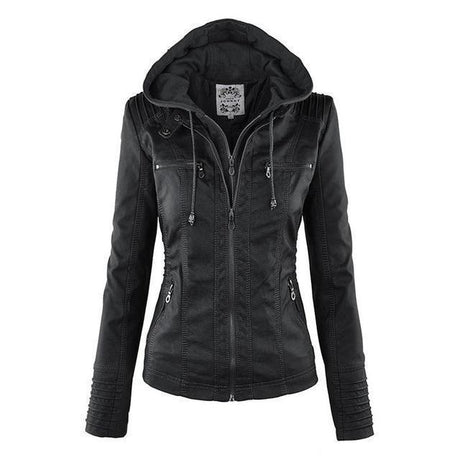 Gothic Leather Jacket  Hooded Moto Design With Multi Zip Details - Product showcase