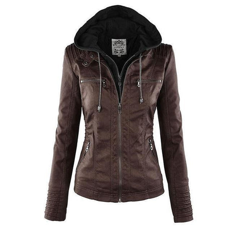 Gothic Leather Jacket  Hooded Moto Design With Multi Zip Details - Detailed view