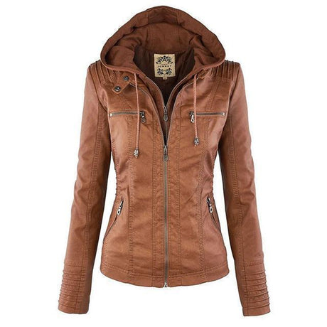 Gothic Leather Jacket  Hooded Moto Design With Multi Zip Details - Product example
