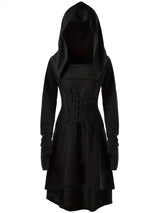Womens Gothic Halloween Costume Gown  Lace-Up Hooded Long Sleeve Dress - Product showcase