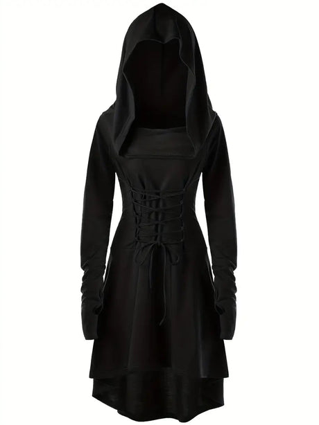 Womens Gothic Halloween Costume Gown  Lace-Up Hooded Long Sleeve Dress - Product showcase
