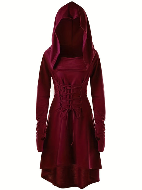 Womens Gothic Halloween Costume Gown  Lace-Up Hooded Long Sleeve Dress - Product example