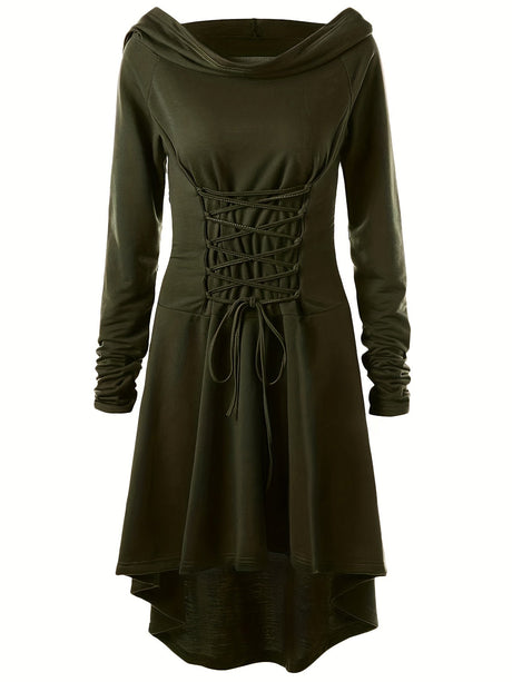 Womens Gothic Halloween Costume Gown  Lace-Up Hooded Long Sleeve Dress - Product detail 5