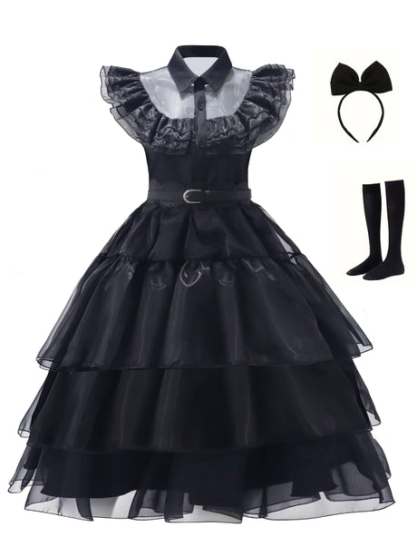 Womens Gothic Ruffle Halloween Costume Dress  Layered Midi Outfit Set - Product showcase