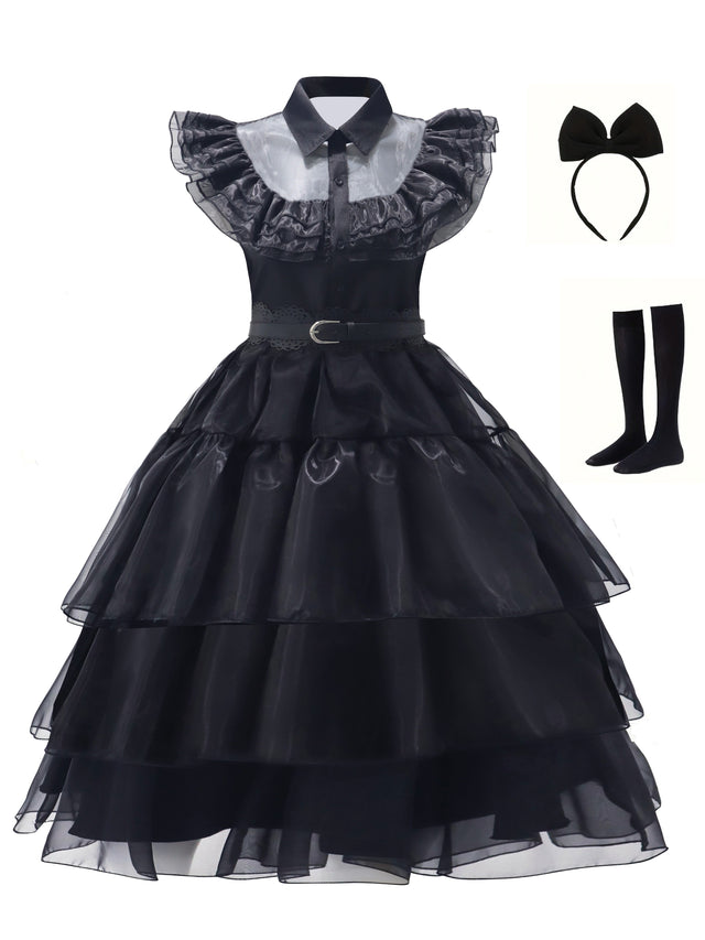 Womens Gothic Ruffle Halloween Costume Dress  Layered Midi Outfit Set - Product showcase