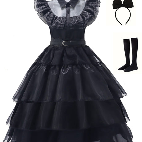 Womens Gothic Ruffle Halloween Costume Dress  Layered Midi Outfit Set - Product detail 6