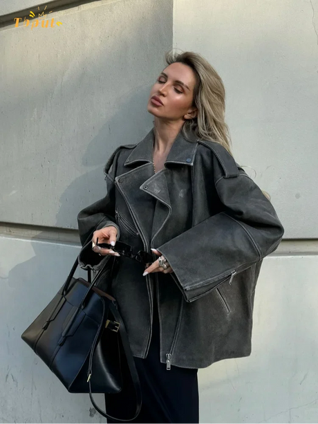Oversized Suede Biker Jacket  Grey Long-Sleeve With Metal Zips - Product showcase