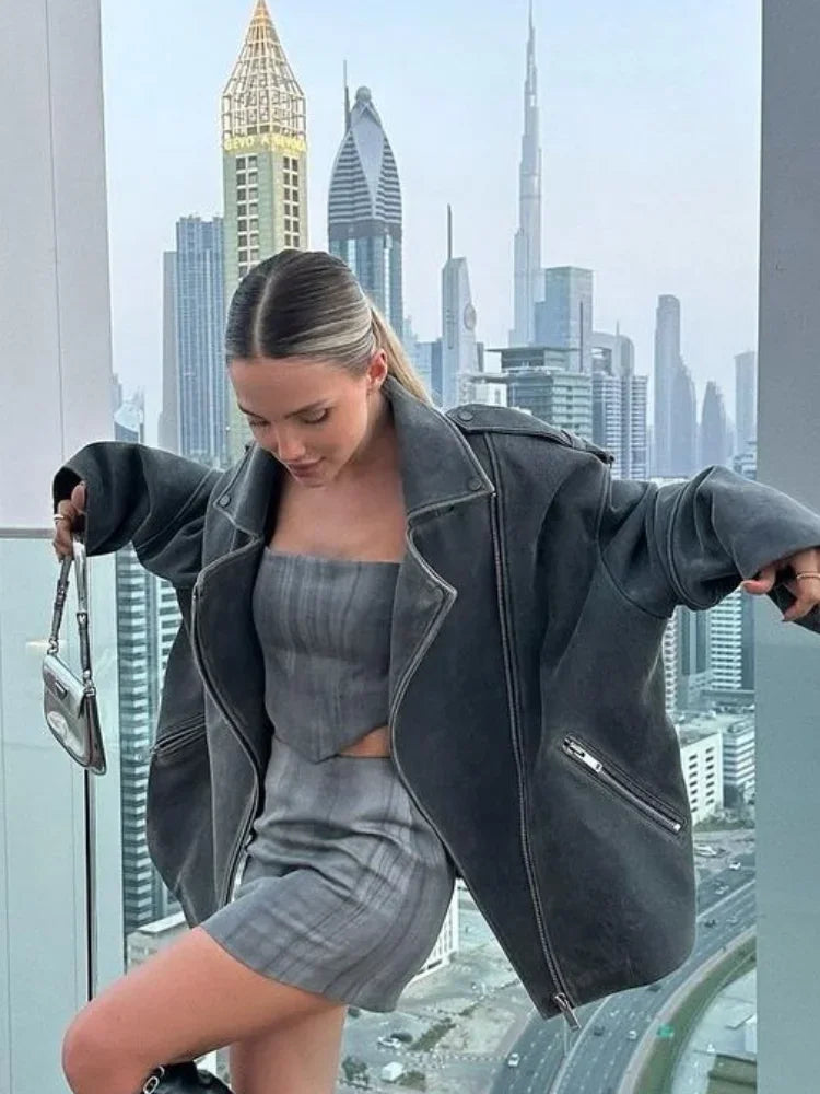 Oversized Suede Biker Jacket  Grey Long-Sleeve With Metal Zips - Detailed view