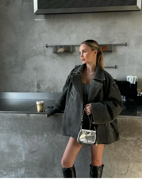 Oversized Suede Biker Jacket  Grey Long-Sleeve With Metal Zips - Product example