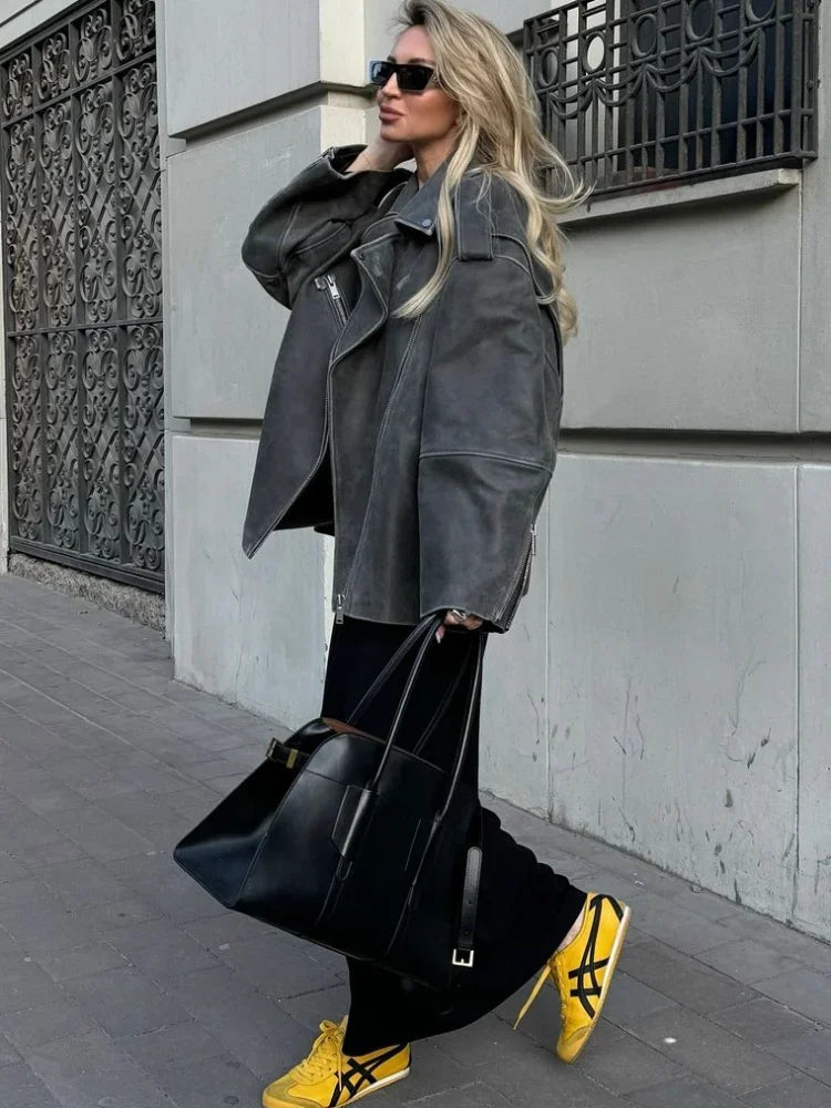 Oversized Suede Biker Jacket  Grey Long-Sleeve With Metal Zips - Product detail 4
