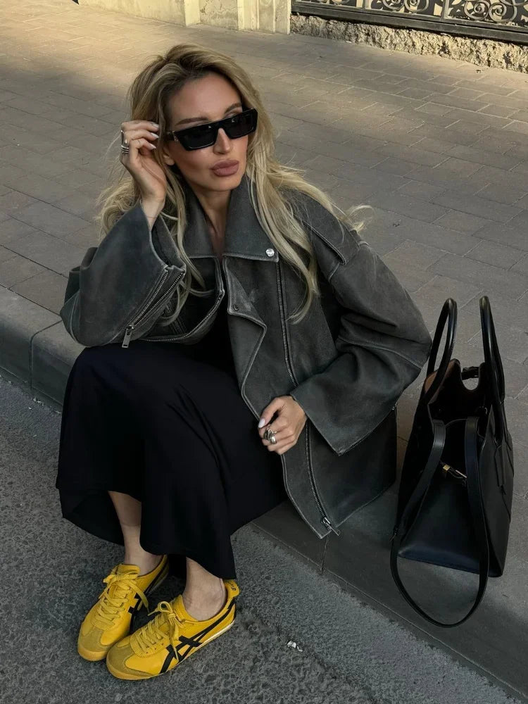 Oversized Suede Biker Jacket  Grey Long-Sleeve With Metal Zips - Product detail 5