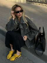Oversized Suede Biker Jacket  Grey Long-Sleeve With Metal Zips - Product detail 5