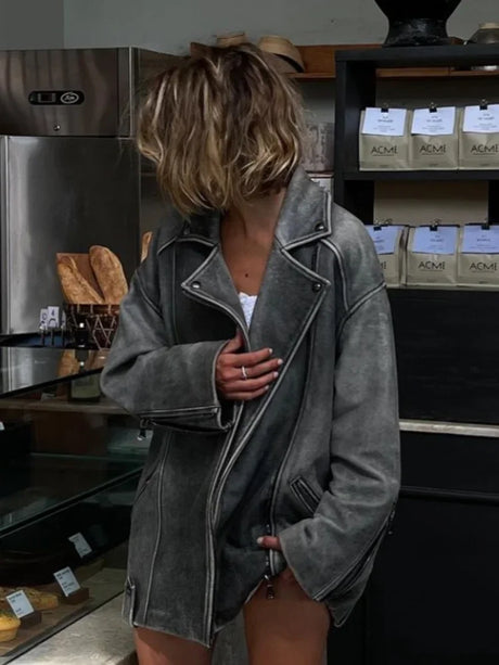 Oversized Suede Biker Jacket  Grey Long-Sleeve With Metal Zips - Product detail 6