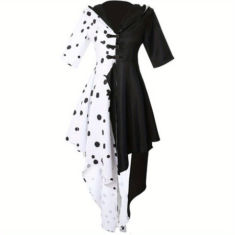 Asymmetrical Halloween Dress  Black White Split Design With Hood - Product showcase