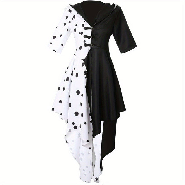 Asymmetrical Halloween Dress  Black White Split Design With Hood - Product showcase