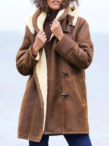 Shearling Winter Coat  Toggle Front Long Hooded Jacket - Product showcase