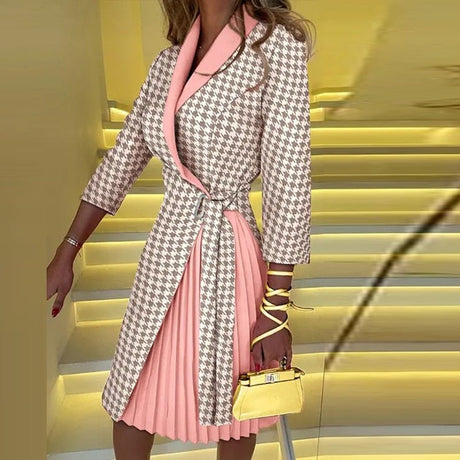 Houndstooth Coat Dress  Pink Pleated Contrast Design - Product showcase