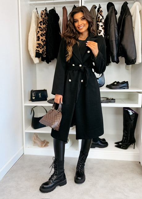 Double Breasted Wool Coat  Black Belted Winter Design - Product showcase