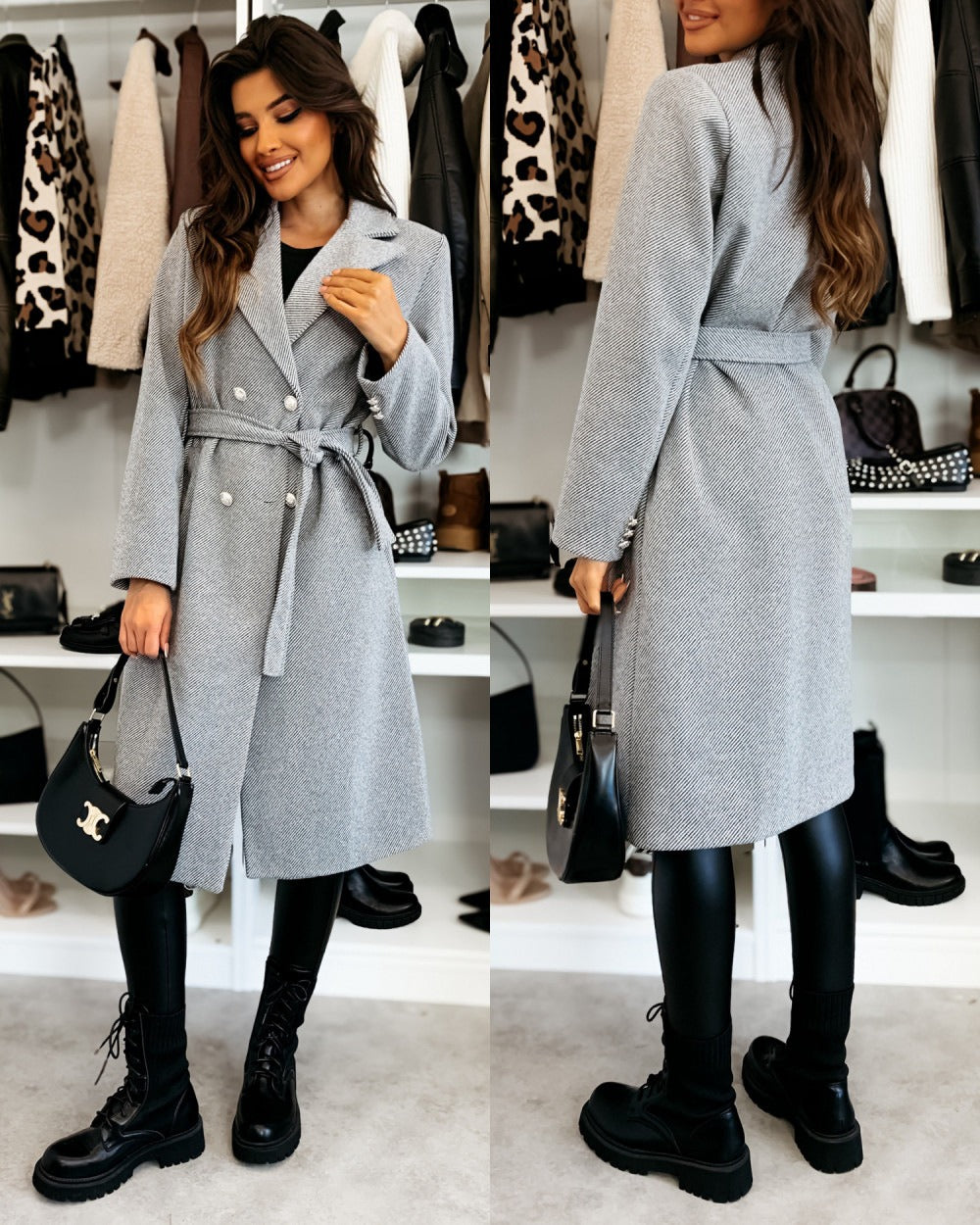 Double Breasted Wool Coat  Black Belted Winter Design - Product detail 4