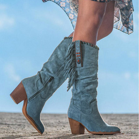 Western Fringe Boots  Suede Knee High With Turquoise Accents - Product detail 4