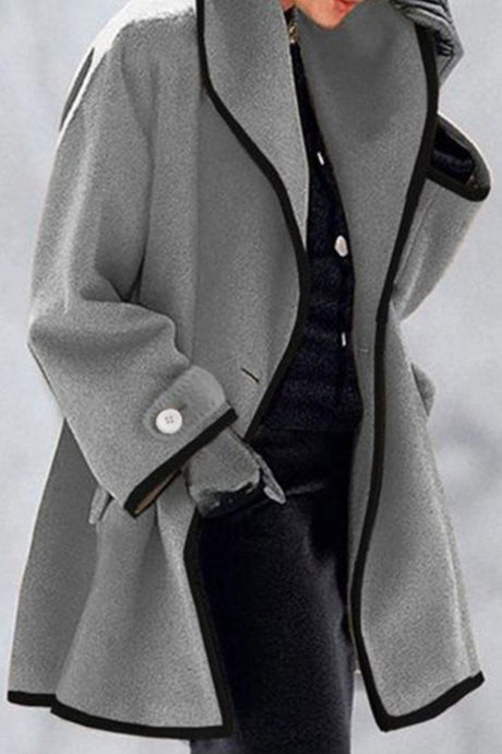 Elegant Wool Blend Coat  Contrast Trim Long Jacket - Detailed view