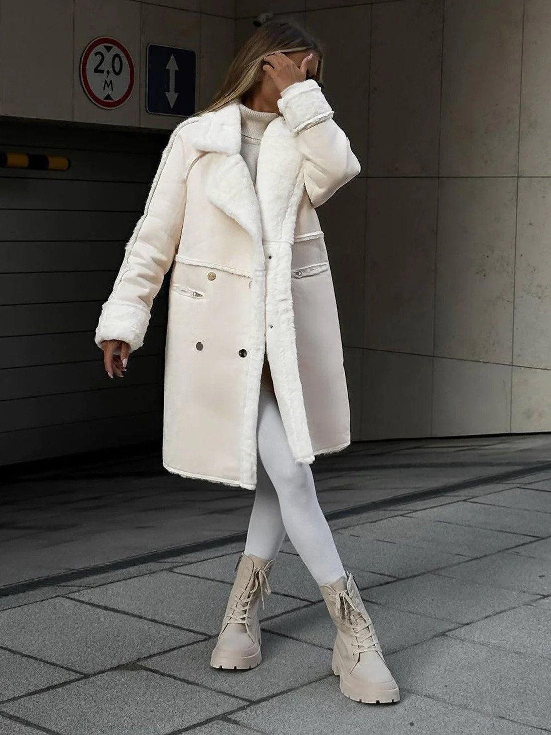 Winter Shearling Coat  Oversized Double-Breasted Design - Detailed view