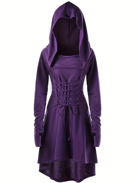 Womens Medieval Lace-Up Halloween Costume Dress  Hooded Long Sleeve Gown - Product showcase