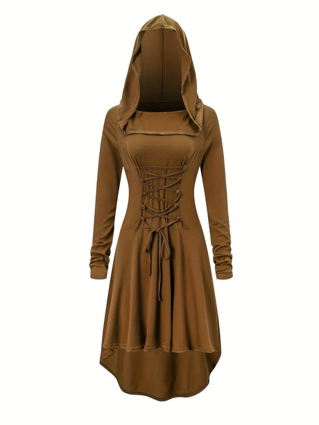 Womens Medieval Lace-Up Halloween Costume Dress  Hooded Long Sleeve Gown - Detailed view