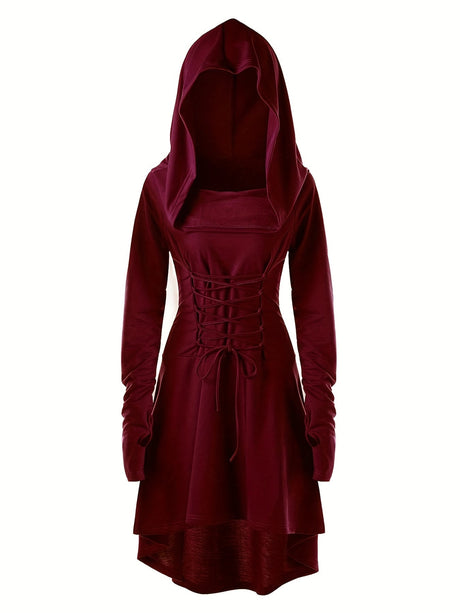 Womens Medieval Lace-Up Halloween Costume Dress  Hooded Long Sleeve Gown - Product detail 4