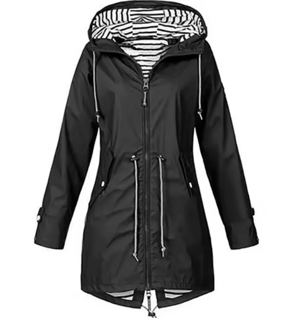 Casual Mid-Length Rain Jacket  Striped Lined Hooded Windbreaker - Product showcase