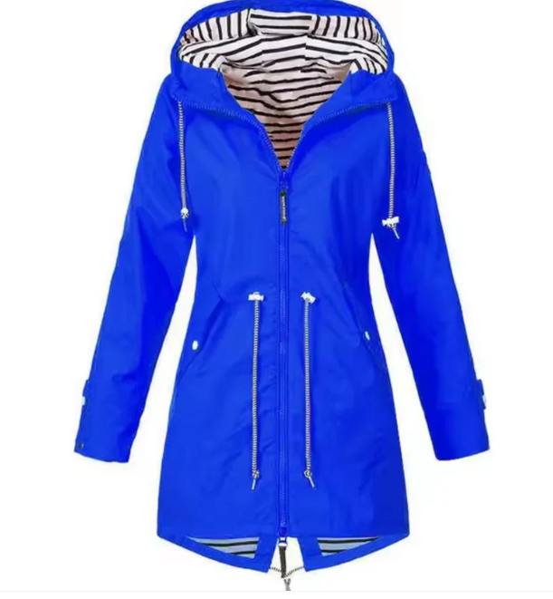 Casual Mid-Length Rain Jacket  Striped Lined Hooded Windbreaker - Detailed view