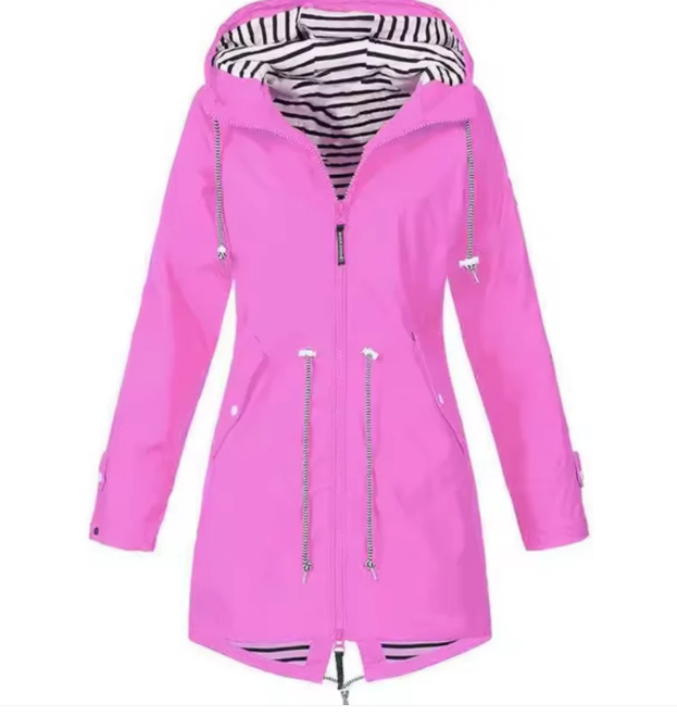 Casual Mid-Length Rain Jacket  Striped Lined Hooded Windbreaker - Product example