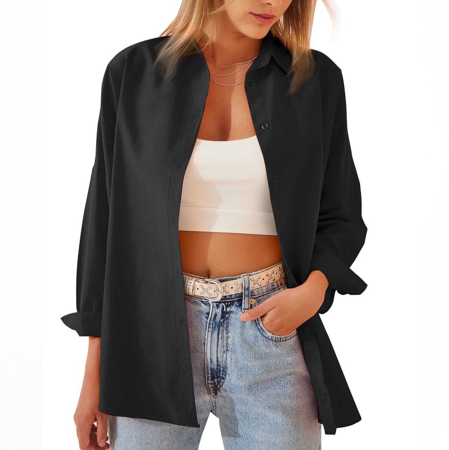 Cotton Blend Button Down Shirt  Oversized Relaxed Fit - Detailed view
