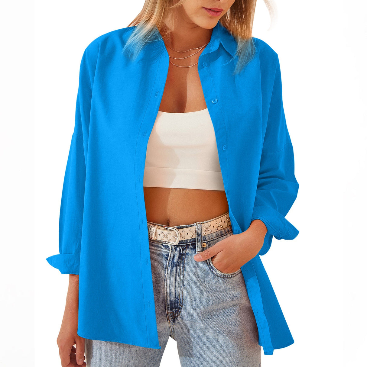 Cotton Blend Button Down Shirt  Oversized Relaxed Fit - Product example